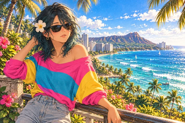 Eden Oceans in black wayfarers and a colorful 1980s top beside the Honolulu coast.
