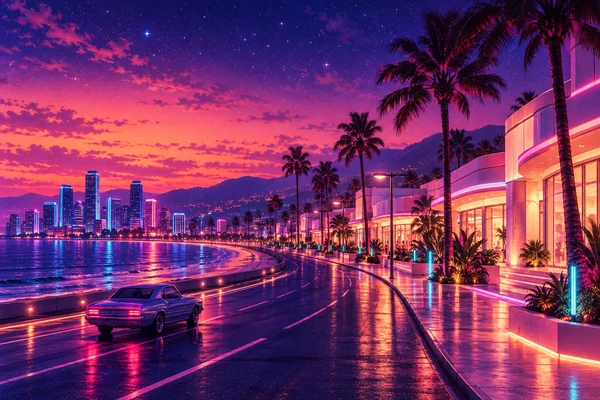 A coastal city boulevard leads toward a warm pastel shopping plaza.