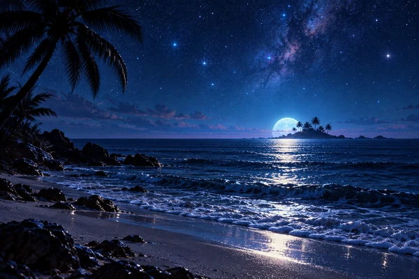 Blue horizon and starlight over dark water.