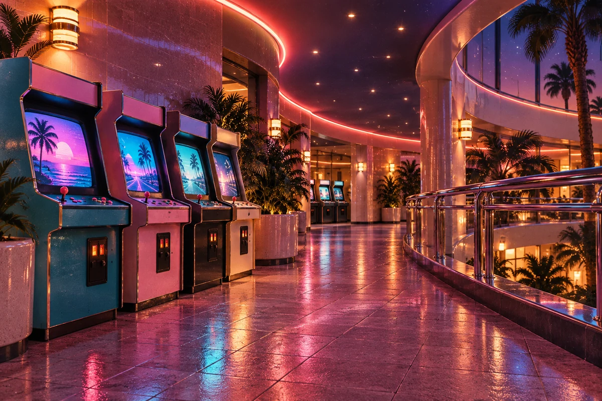 An empty curved arcade corridor glowing pink and cyan.