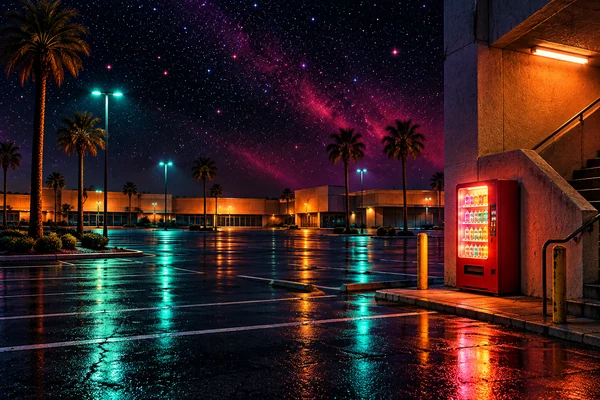 A solitary vending machine lights an empty plaza parking lot.