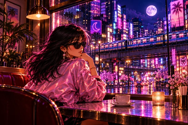 A woman in sunglasses watches neon Tokyo and an elevated train from a cafe.