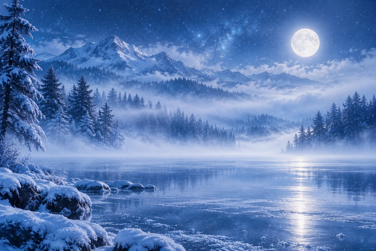 Snowy fir trees dissolve into mist over a still frozen lake.